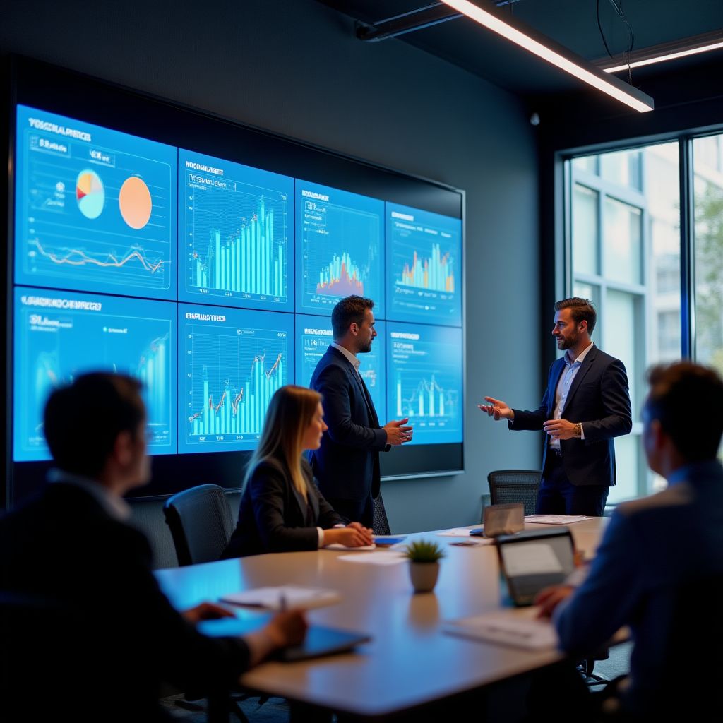 Equipa analisando dados de mercado em reunião